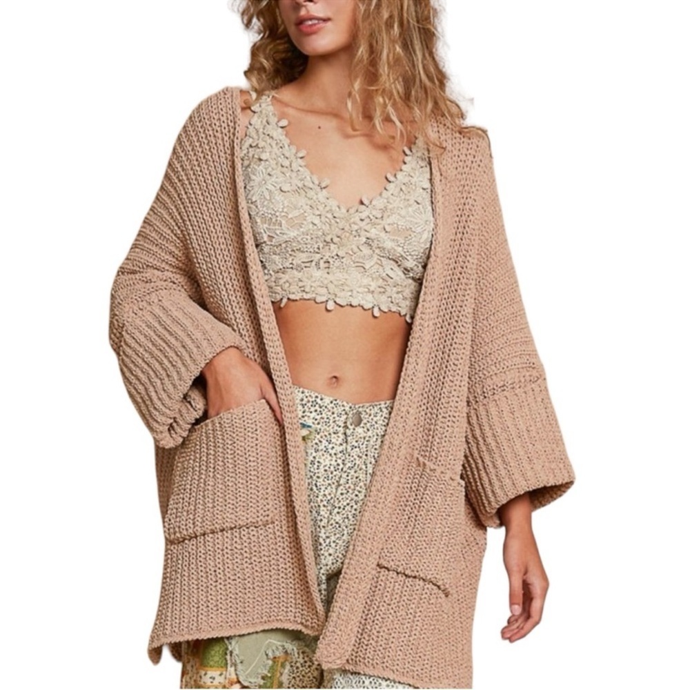 POL  Beige/Oatmeal Chunky Knit Cardigan Sweater Pockets Cropped Sleeve Size L